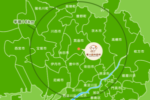 大阪府、兵庫県を含めた半径16Kmの範囲