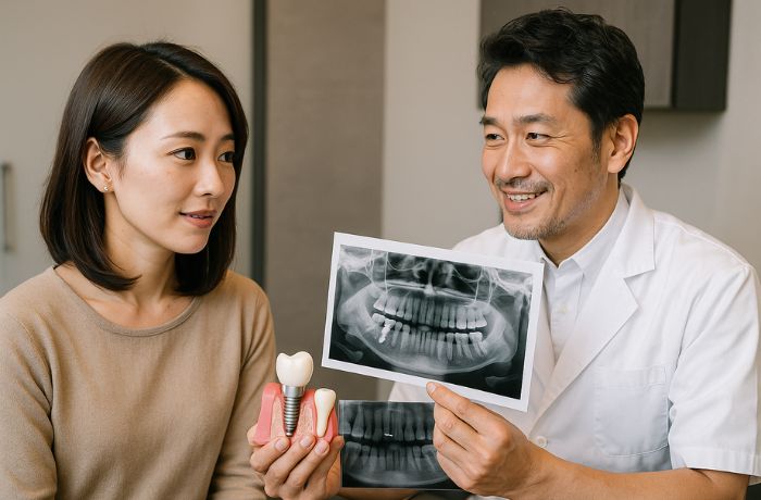 インプラント治療を検討している30代の女性患者と40代の男性歯科医