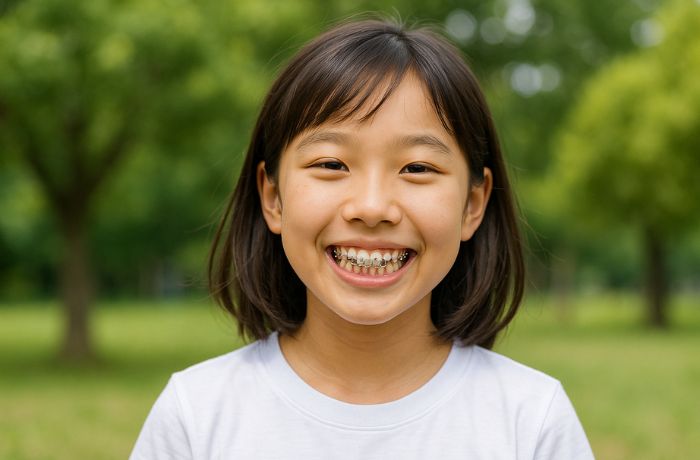 拡大装置を付ける女児