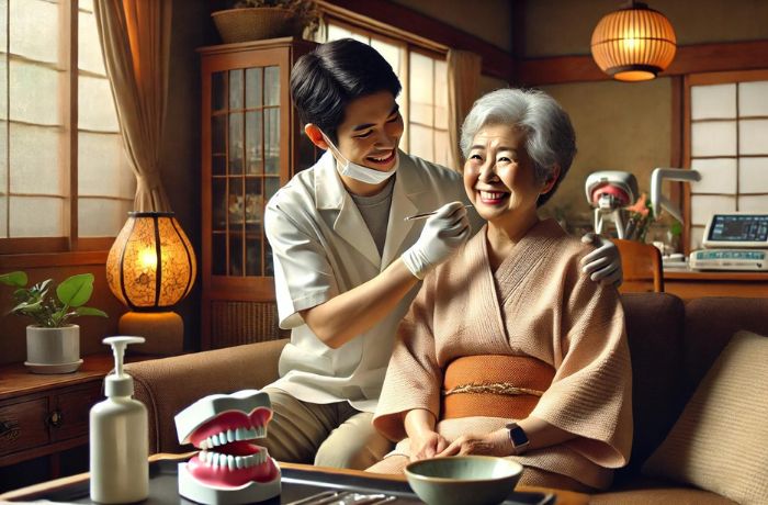 訪問歯科診療で誤嚥性肺炎の検査を受ける女性