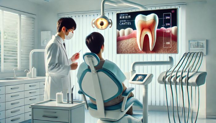 虫歯の説明をする歯科医と患者