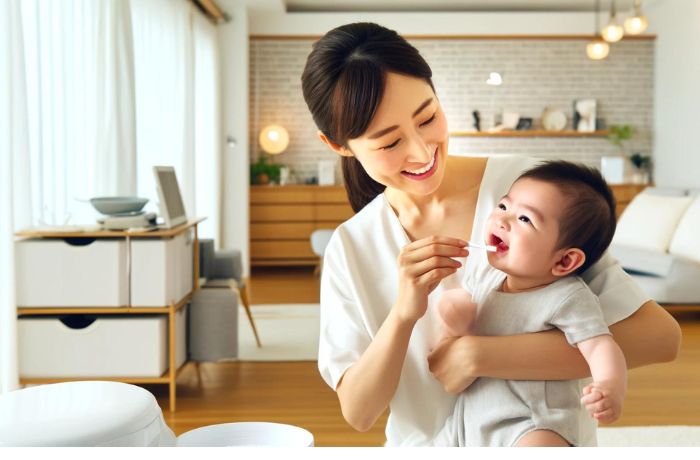 赤ちゃんの歯を磨く母親