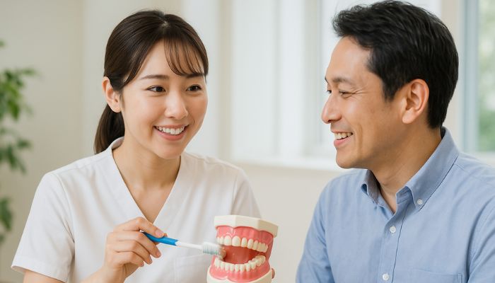 歯科衛生士による歯磨き指導、患者への丁寧な説明風景、歯科医院でのセルフケア指導