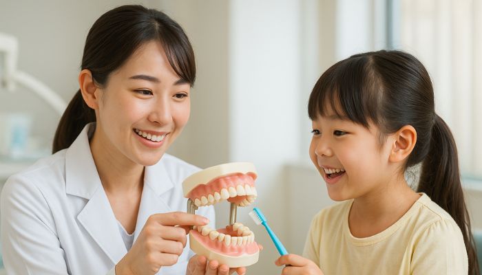 歯科医師が子どもに歯の模型で奥歯や前歯のむし歯ができやすい場所を説明している様子