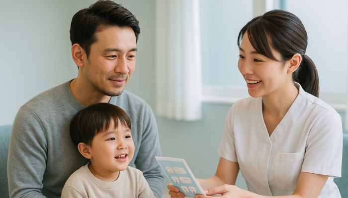 父親と幼児が歯科衛生士から年齢別の歯磨き指導を受けている様子、小児歯科相談風景