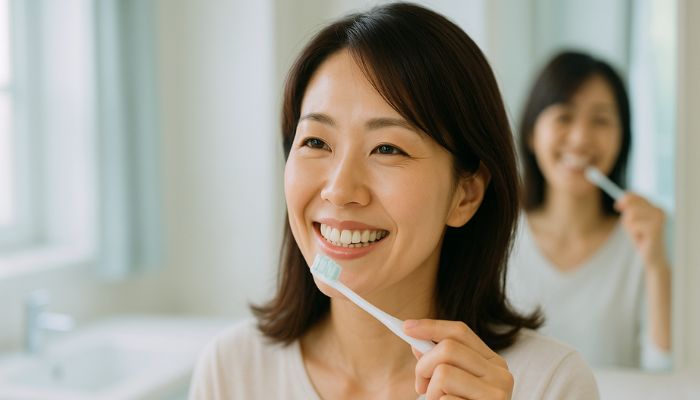 鏡を見ながら正しい歯磨きをする女性、毎日のセルフケアと適切なブラッシング方法の実践