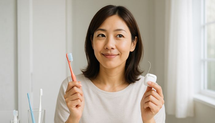 歯ブラシとデンタルフロスを持つ女性、適切な歯磨き方法のチェックとセルフケア用品