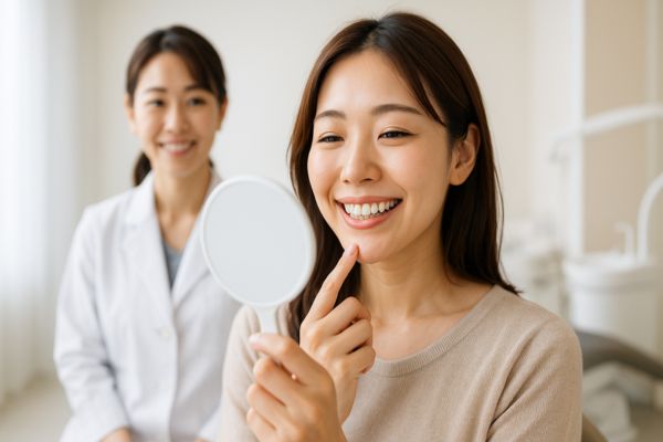 セラミック治療で美しく自然な白い歯に仕上がり鏡を見て満足する女性患者