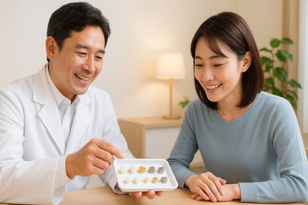 つめものの種類による虫歯再発リスクの違いを歯科医師がサンプルを見せながら説明する様子